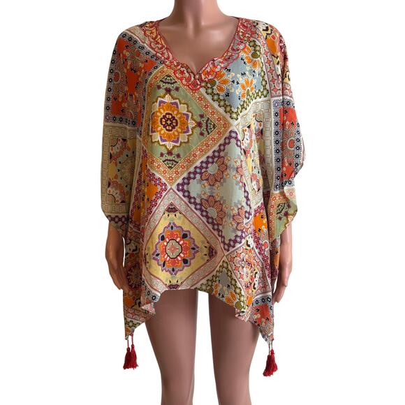 Johnny Was Jade Veronica Silk Print Tunic Top Womens L Multicolor Tassels - Picture 2 of 10